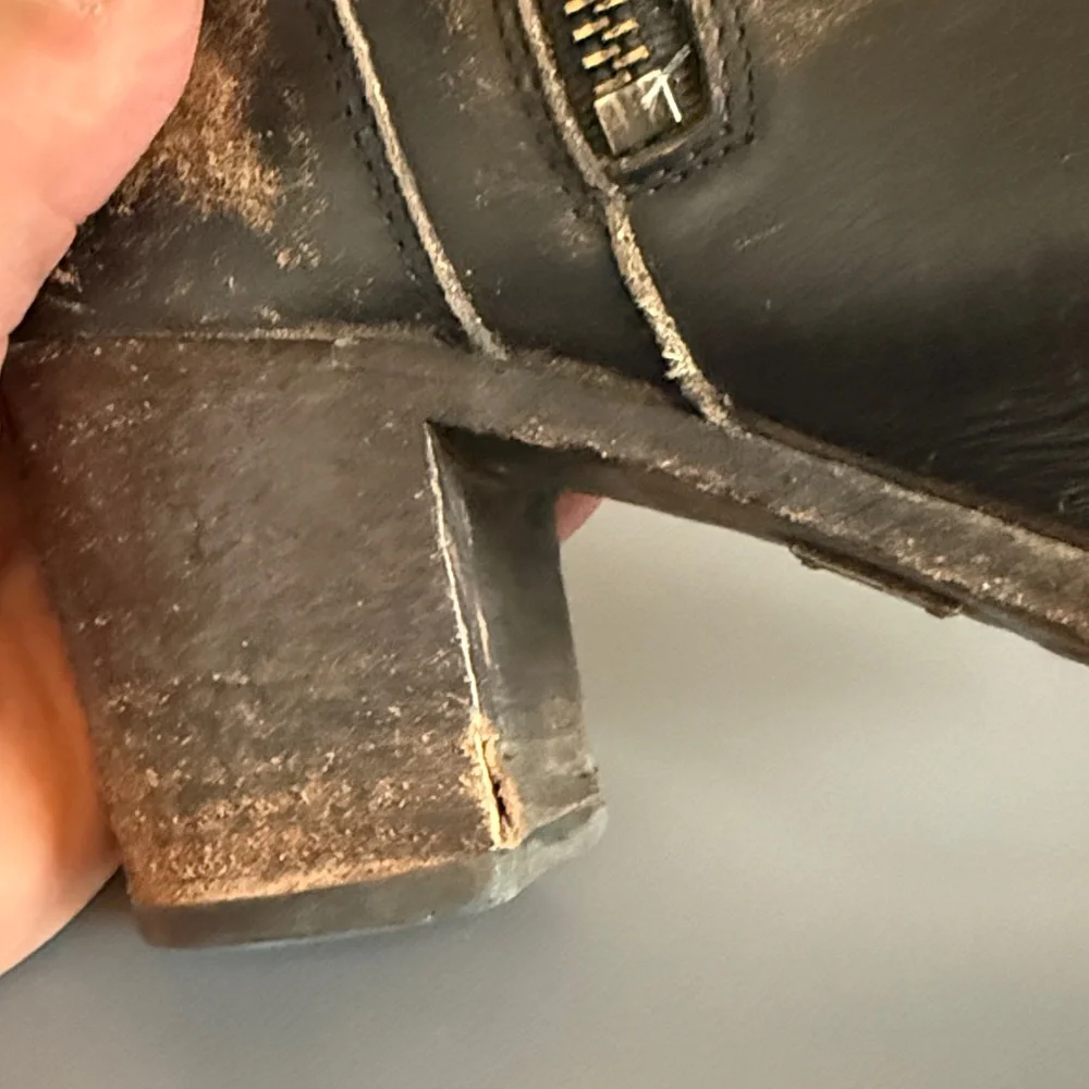 Frye Distressed Black Leather Mid Calf Boots with Buckle Detail - Picture 12 of 16